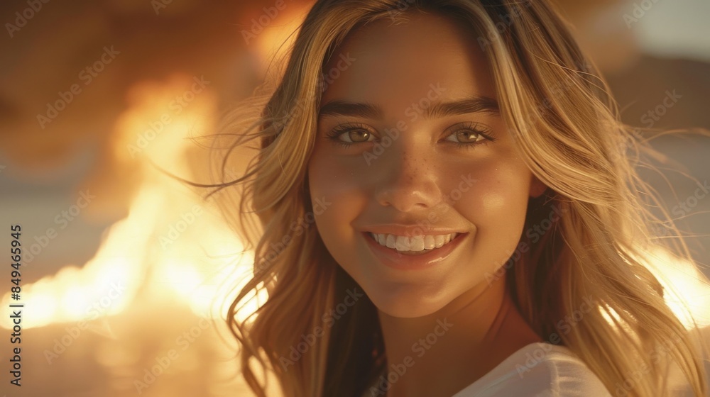 A young woman with blonde hair smiles warmly against a backdrop of a glowing fire. The scene exudes warmth and happiness.