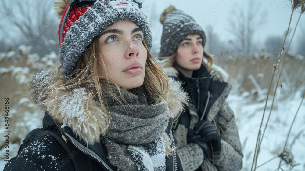 Two young women dressed in winter outdoor gear stand together in a snowy landscape, looking thoughtful. They are surrounded by trees and a serene winter setting. Two young women dressed in winter outdoor gear stand together in a snowy landscape, looking thoughtful. They are surrounded by trees and a serene winter setting.