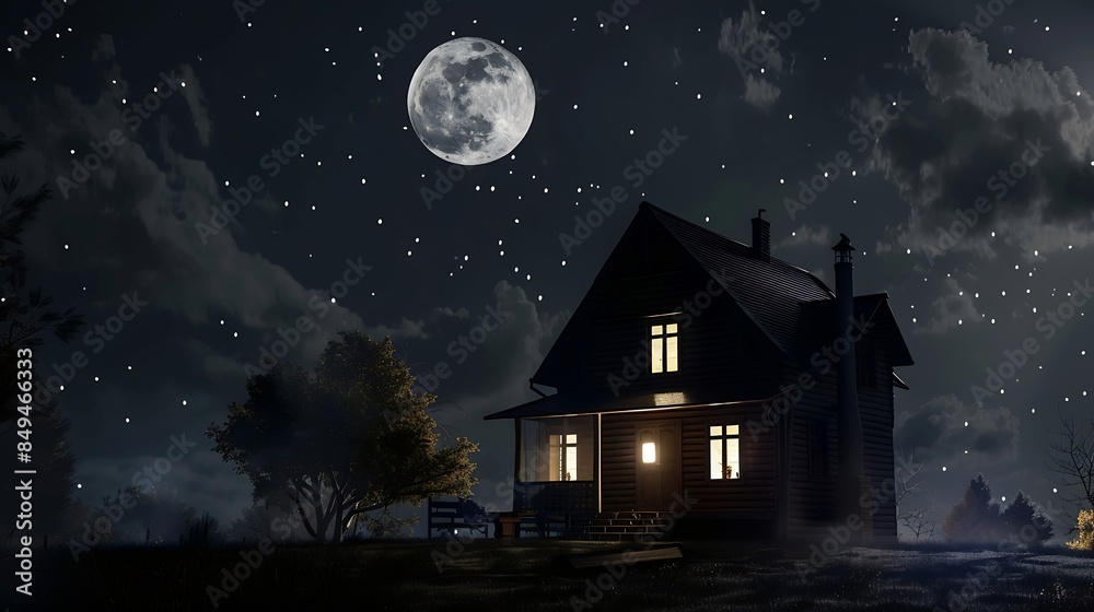 Fototapeta premium Full moon night by a beautiful house : Generative AI