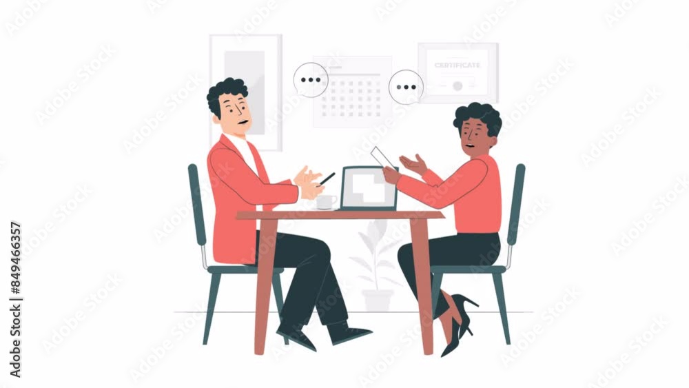 2d explainer animation of boy and girl sitting on chair in front of each other talking and smiling communicating, business event concept animation. calendar and clock, important date, time management 2d explainer animation of boy and girl sitting on chair in front of each other talking and smiling communicating, business event concept animation. calendar and clock, important date, time management