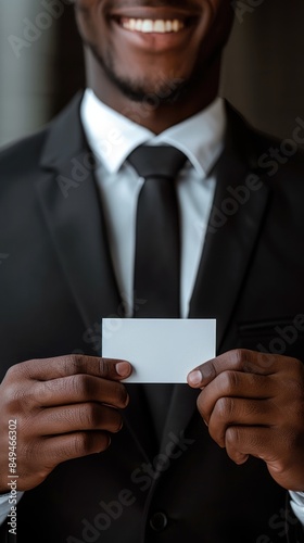 A close-up of a smiling businessman in a black suit and tie, holding a blank business card with both hands.