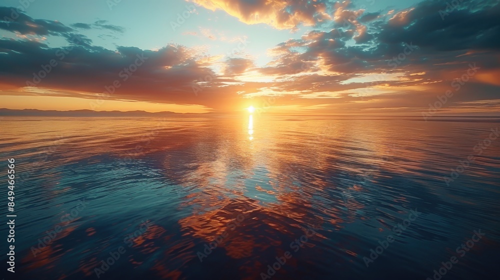 A breathtaking, cinematic drone shot captures a sunset over the calm sea, with dramatic clouds enhancing the vibrant colors of the sky and water reflections. A breathtaking, cinematic drone shot captures a sunset over the calm sea, with dramatic clouds enhancing the vibrant colors of the sky and water reflections.