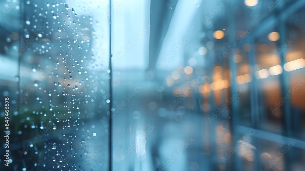Defocused and blurry view of rainy day at office,with visible raindrops on the glass windows,creating a moody and atmospheric background.