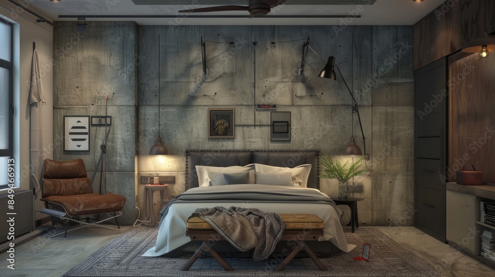 Unleash your inner urbanite with an industrial-style bedroom, showcasing concrete walls and industrial lighting for a trendy vibe. Unleash your inner urbanite with an industrial-style bedroom, showcasing concrete walls and industrial lighting for a trendy vibe.