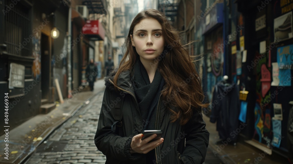 Obraz premium A young woman with long dark hair is focused on her smartphone while walking through a narrow, graffiti-covered alley. The scene has a cinematic, urban feel.