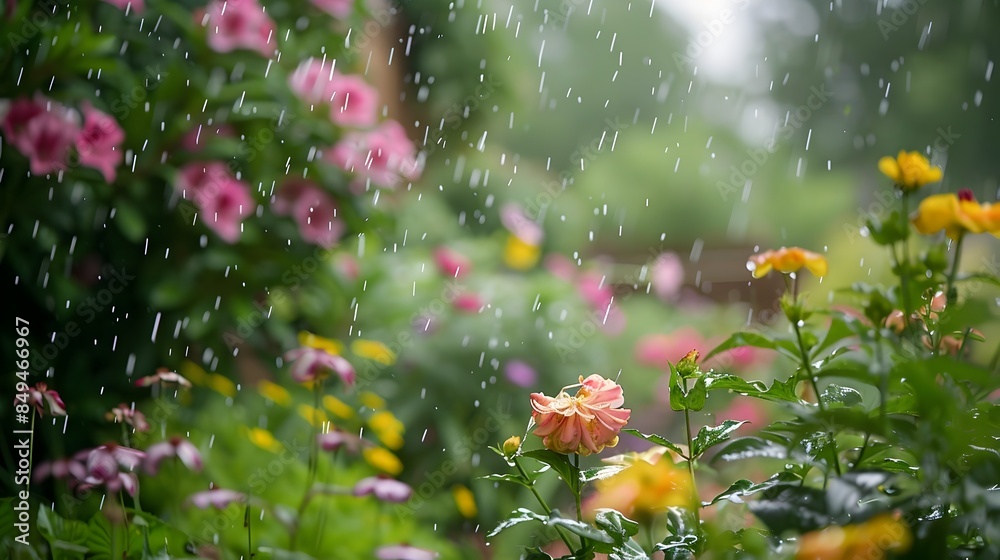 Blurry,out-of-focus scene of a rainy garden filled with colorful blooming flowers and verdant,drenched foliage. A tranquil,serene and atmospheric landscape shot with a shallow depth of field. Blurry,out-of-focus scene of a rainy garden filled with colorful blooming flowers and verdant,drenched foliage. A tranquil,serene and atmospheric landscape shot with a shallow depth of field.