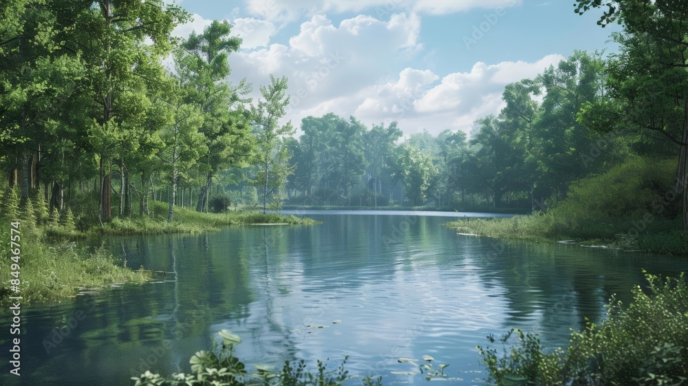 Fototapeta premium A crystal-clear lake with lush forest surroundings. The pristine water reflects the tranquility of nature.