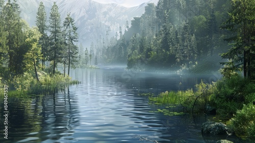 A calm lake with a stunning mountain view. The forest around it adds to the serene atmosphere.