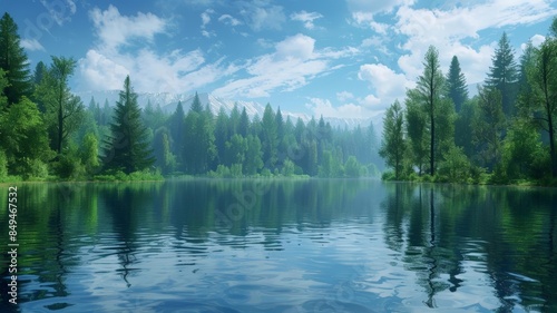 A peaceful lake surrounded by vibrant green trees. The clear sky adds to the serene setting.