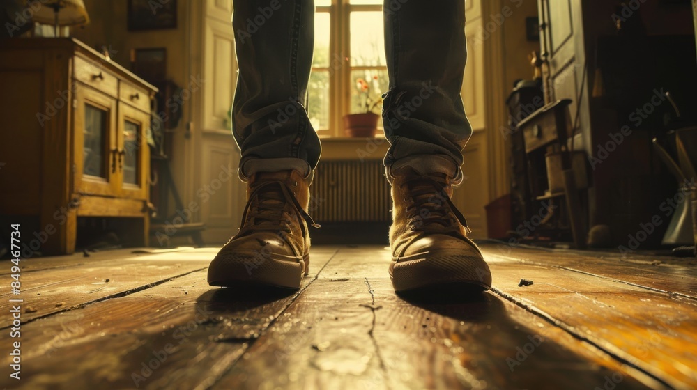 A young girl stands by a window, wearing oversized shoes and licking her thumb. The scene is set in a dimly-lit, cozy room with wooden floors and vintage furniture. A young girl stands by a window, wearing oversized shoes and licking her thumb. The scene is set in a dimly-lit, cozy room with wooden floors and vintage furniture.