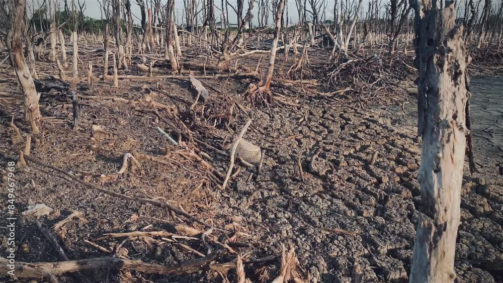 Destroyed mangrove forest scenery, Mangrove forests are destroyed and loss from the expansion of habitats. Expansion of habitats destruction the environment,mangrove forests degradation Destroyed mangrove forest scenery, Mangrove forests are destroyed and loss from the expansion of habitats. Expansion of habitats destruction the environment,mangrove forests degradation