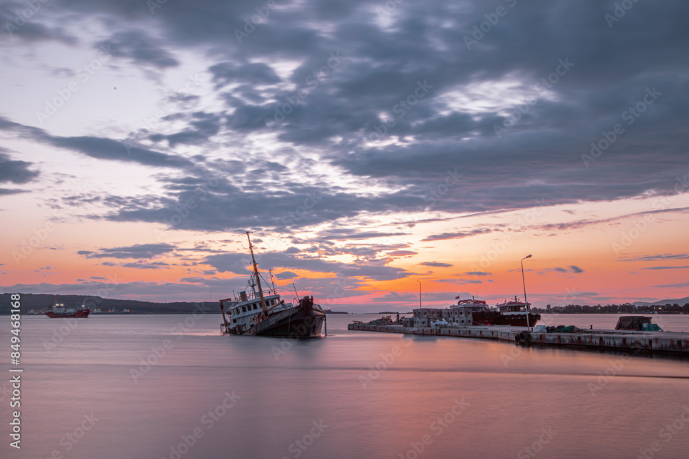 Fototapeta premium Sunken cargo ship lying on its side at sunset in Aliaga Bay, Izmir.