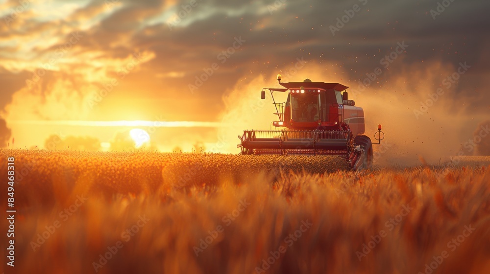 Fototapeta premium A combine harvester is seen harvesting soybean crops in a field during a picturesque sunset, with dust trailing behind it, creating a serene and bountiful agricultural scene.