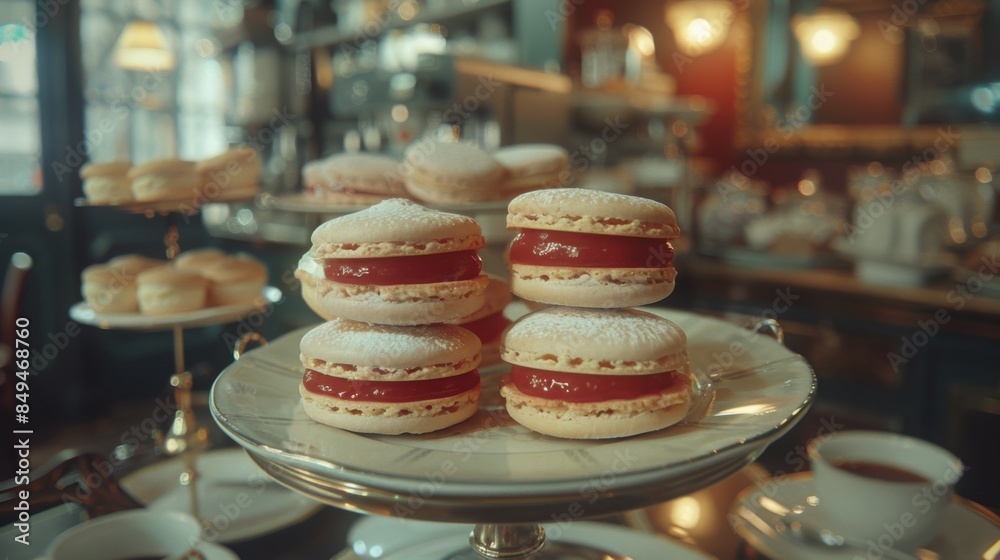 This image showcases a close-up of macaroons displayed in trays within a display cabinet. The scene is well-lit, highlighting the colorful details of the macaroons.