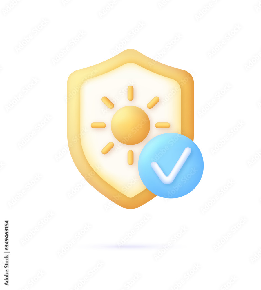 Fototapeta premium 3D Sun block icon. UV reflection skin after protection. Shield with UV icon. Sun UV Arrow protect radiation. Trendy and modern vector in 3d style