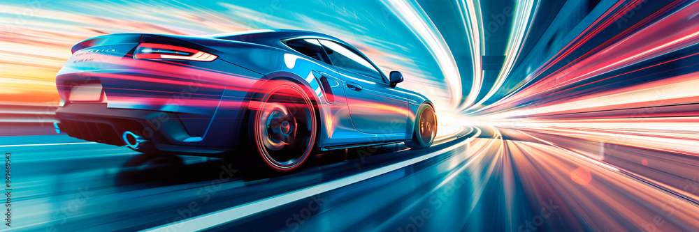 car driving in motion, blue car on high speed . Blue car rushing along a high-speed highway.banner. speed concept. power style car driving in motion, blue car on high speed . Blue car rushing along a high-speed highway.banner. speed concept. power style