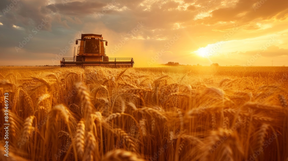 Fototapeta premium Combine harvester at dusk in a golden wheat field, transferring grain to a tractor, silhouette