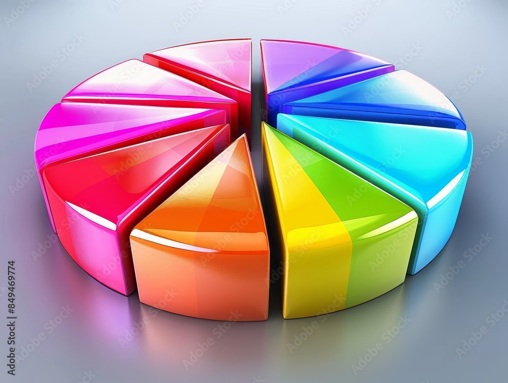 Obraz premium Contemporary 3D pie chart, glossy, vibrant slices, minimalist design for data visualization and statistical analysis concepts