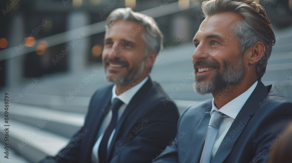 Two happy senior businessmen with gray hair and beards are sitting together on steps, smiling and wearing suits in a professional setting. Two happy senior businessmen with gray hair and beards are sitting together on steps, smiling and wearing suits in a professional setting.