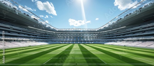 Empty soccer stadium with green grass field and blue sky.