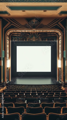 Empty movie theater with a blank screen and seats.