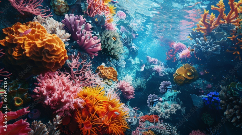 Naklejka premium An underwater paradise with diverse coral formations. Bright marine life swims among the vibrant corals.