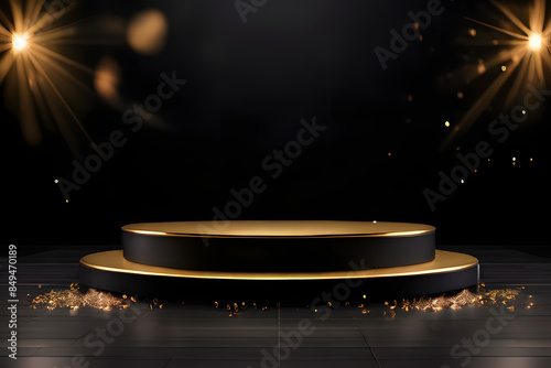 Premium Black Podium Under Spotlight with Glittering Gold Background photo