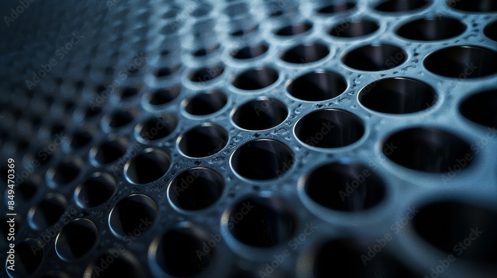 Detailed shot of a black perforated metal grid, emphasizing the circular patterns and technological design for industrial use Detailed shot of a black perforated metal grid, emphasizing the circular patterns and technological design for industrial use