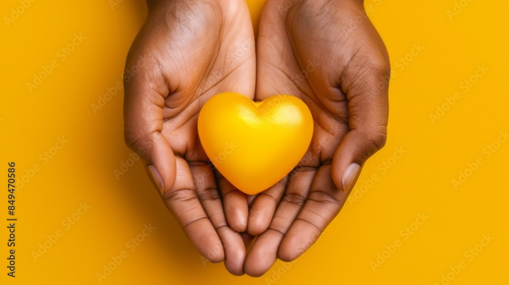 Fototapeta premium Hands holding a yellow resin heart against a matching yellow background, symbolizing mental health awareness and the significance of September Yellow. Mental wellbeing and suicide prevention.