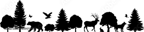 Vector black silhouette illustration of forest panorama wildlife on white background. Wild nature graphic landscape. Animals and trees border. Horizontal banner, not merged, separate elements.