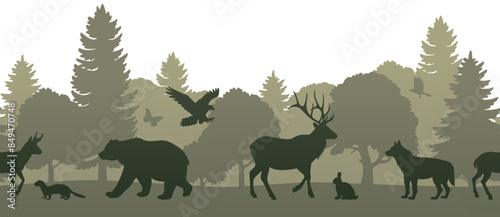 Animals, trees seamless border. Vector green silhouette illustration of forest panorama wildlife on white background. Wild nature graphic landscape. Horizontal banner, not merged, separate elements.