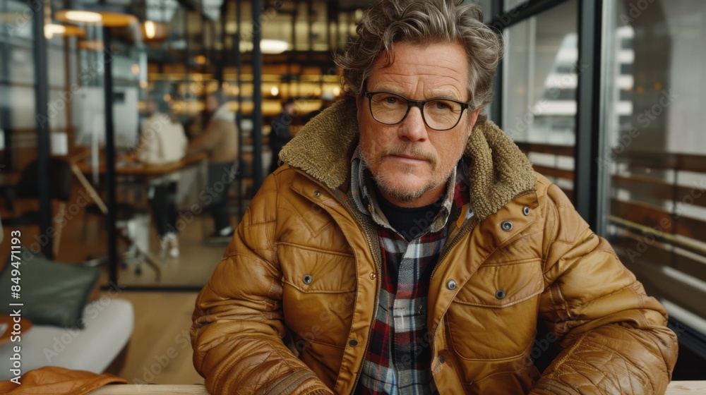 A middle-aged tech professional wearing a brown jacket and glasses is seated in a modern office space with glass walls and wooden elements. A middle-aged tech professional wearing a brown jacket and glasses is seated in a modern office space with glass walls and wooden elements.