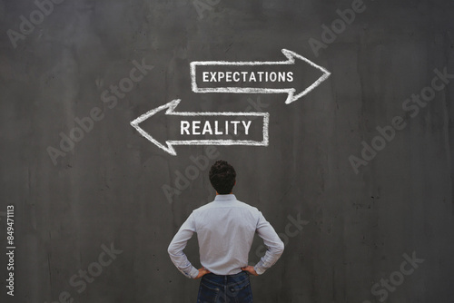 Reality vs expectation concept, difference between unrealistic expectations and real life photo