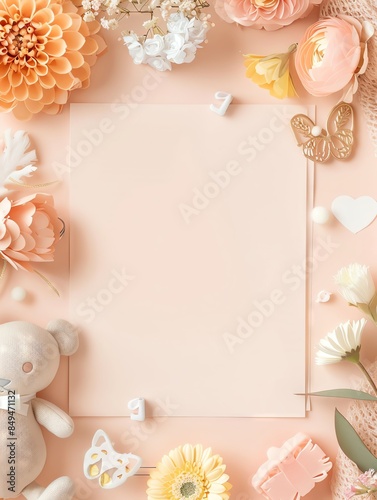 Blank pink card with cute decorations for baby shower or birthday