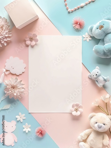 Blank white card mockup with pink and blue background, teddy bears, flowers, and baby decor.