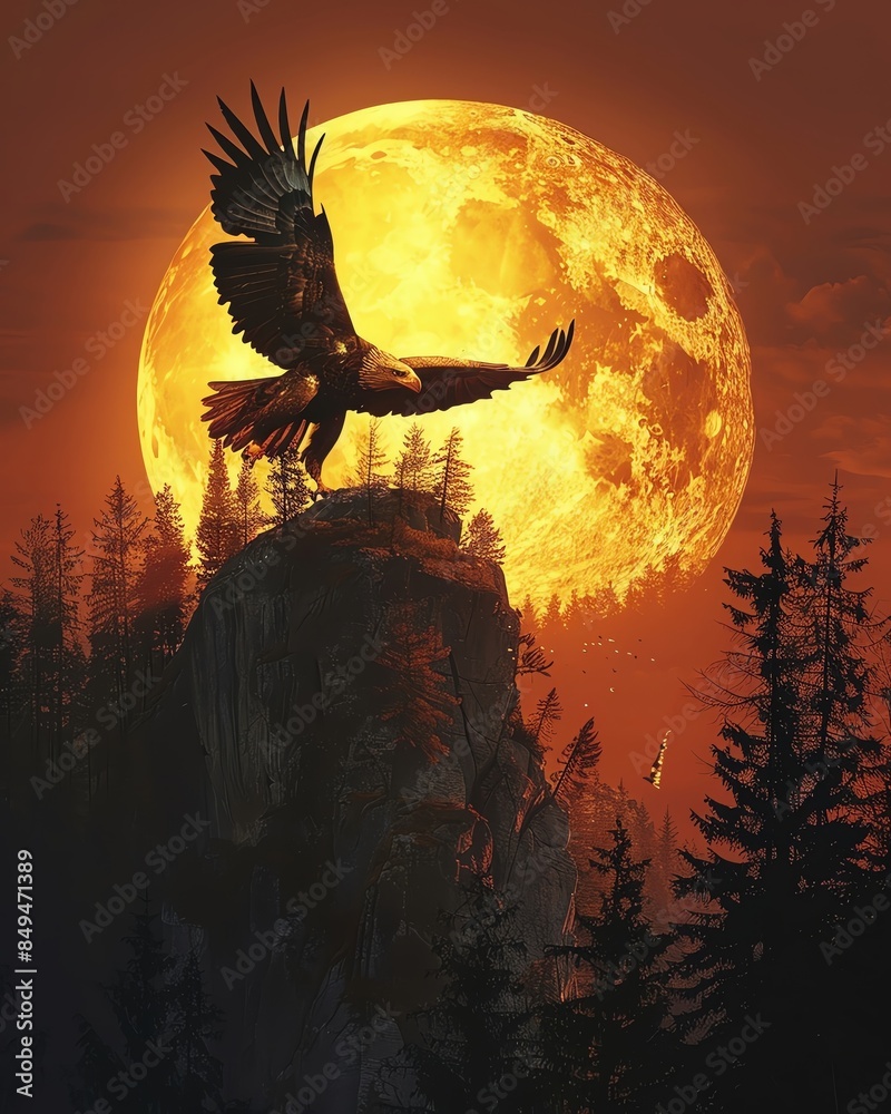 Fototapeta premium Eagle landing on a mountain peak, sunrise background, realistic style, symbolizing strength and freedom