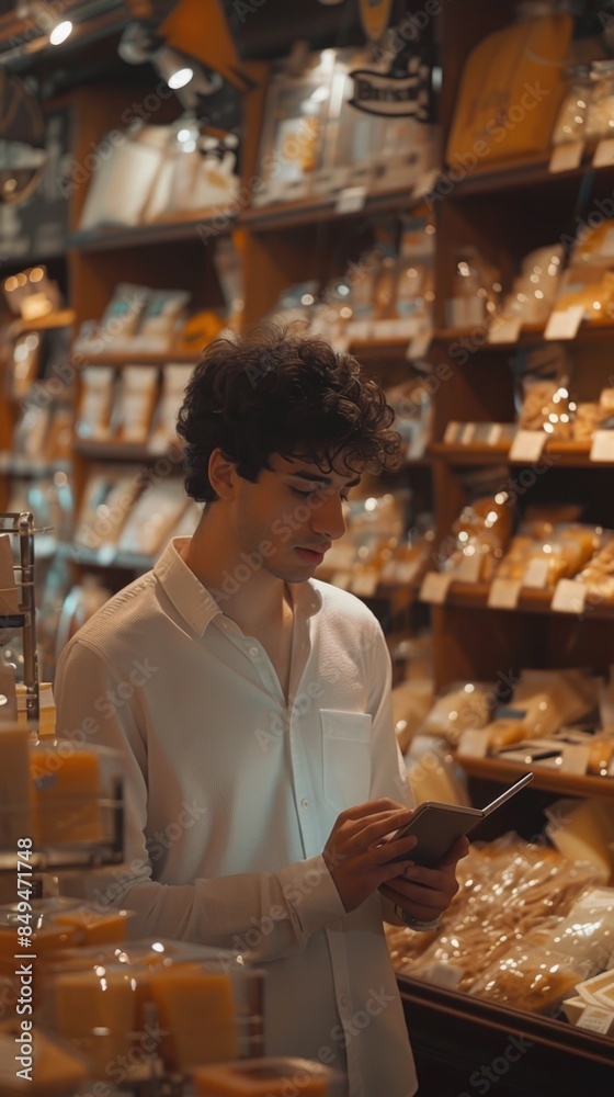 A retail manager is checking inventory in a store, holding a tablet. Shelves are filled with various packaged goods in the background. A retail manager is checking inventory in a store, holding a tablet. Shelves are filled with various packaged goods in the background.