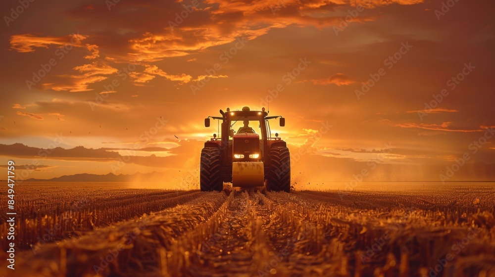 Fototapeta premium A tractor is harvesting soybean crops in a field during a beautiful sunset, with dramatic orange and yellow hues lighting up the sky and landscape.