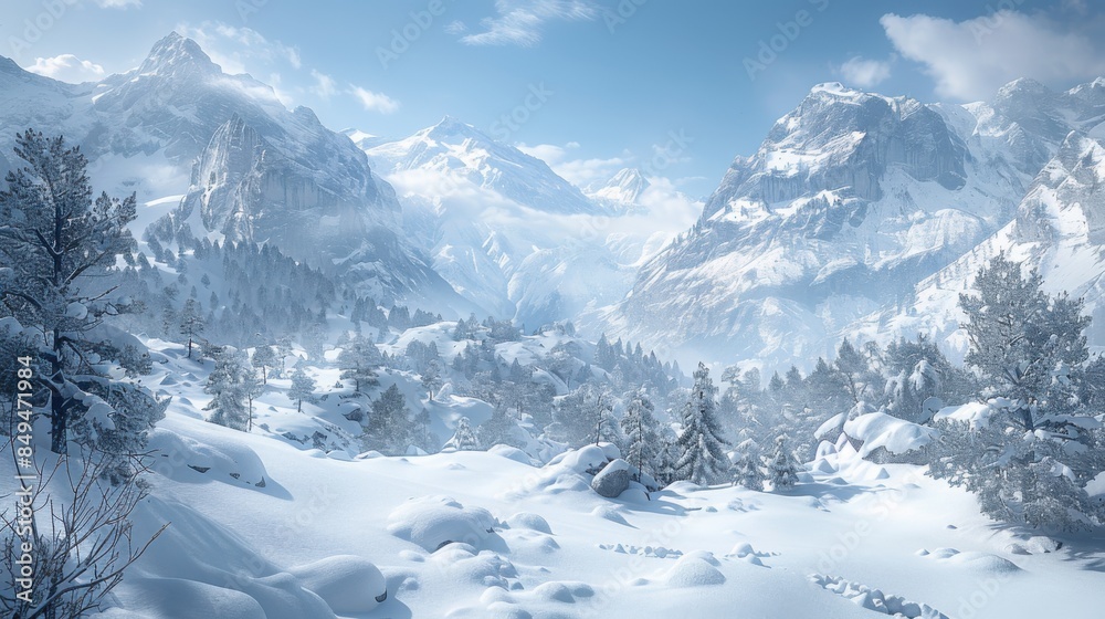 Obraz premium A breathtaking view of a highland landscape in the Swiss Alps, showcasing snowy peaks, pine trees, and a serene winter environment under a clear blue sky.