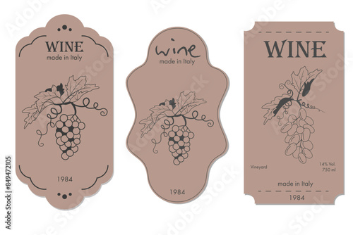 set of wine labels of various shapes. Minimalistic modern design on a craft background. Image of bunches of grapes