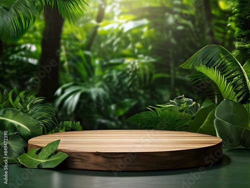 Wooden Podium in Tropical Forest: Perfect for Natural Product Showcases photo