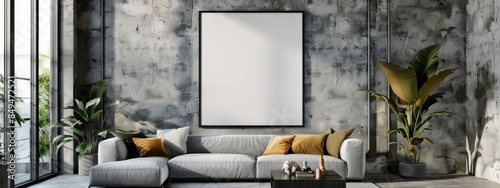 blank poster on grey wall in living room with sofa, plants and lights, mock up, layout concept. space for your design. banner