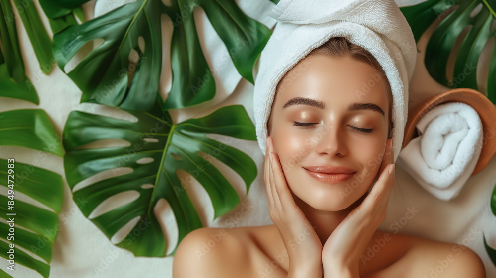 A relaxed woman enjoying rejuvenating facial treatment and massage in serene spa salon environment. A relaxed woman enjoying rejuvenating facial treatment and massage in serene spa salon environment.