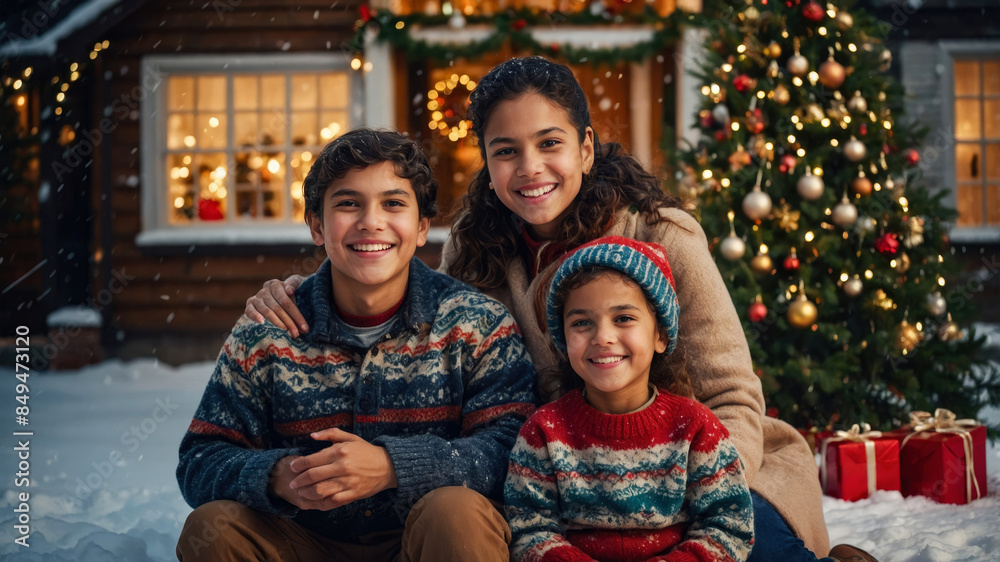 a smiling and happy multiethnic family hugging under the christmas tree outdoors in the snow on christmas eve a smiling and happy multiethnic family hugging under the christmas tree outdoors in the snow on christmas eve