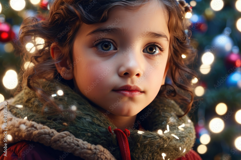 portrait of serious and happy child in front of the tree illuminated by a thousand Christmas lights on Christmas Eve portrait of serious and happy child in front of the tree illuminated by a thousand Christmas lights on Christmas Eve