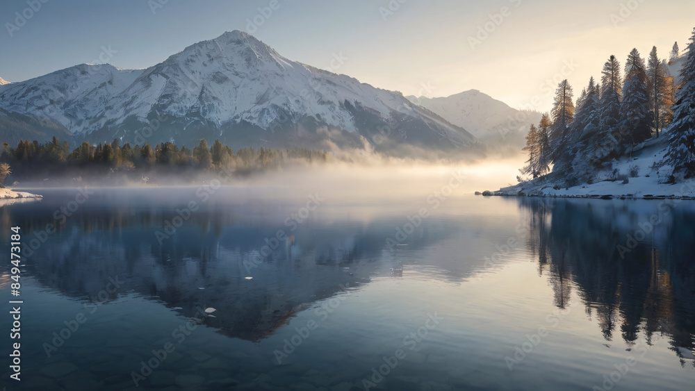 snow-covered mountain reflected in a calm, serene lake. The early morning mist hovers over the water, adding a mystical ambiance to the scene snow-covered mountain reflected in a calm, serene lake. The early morning mist hovers over the water, adding a mystical ambiance to the scene