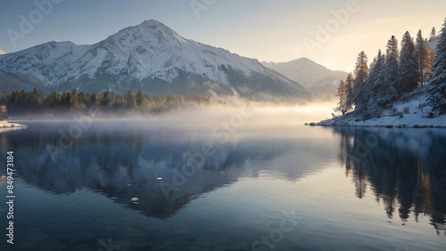 snow-covered mountain reflected in a calm, serene lake. The early morning mist hovers over the water, adding a mystical ambiance to the scene