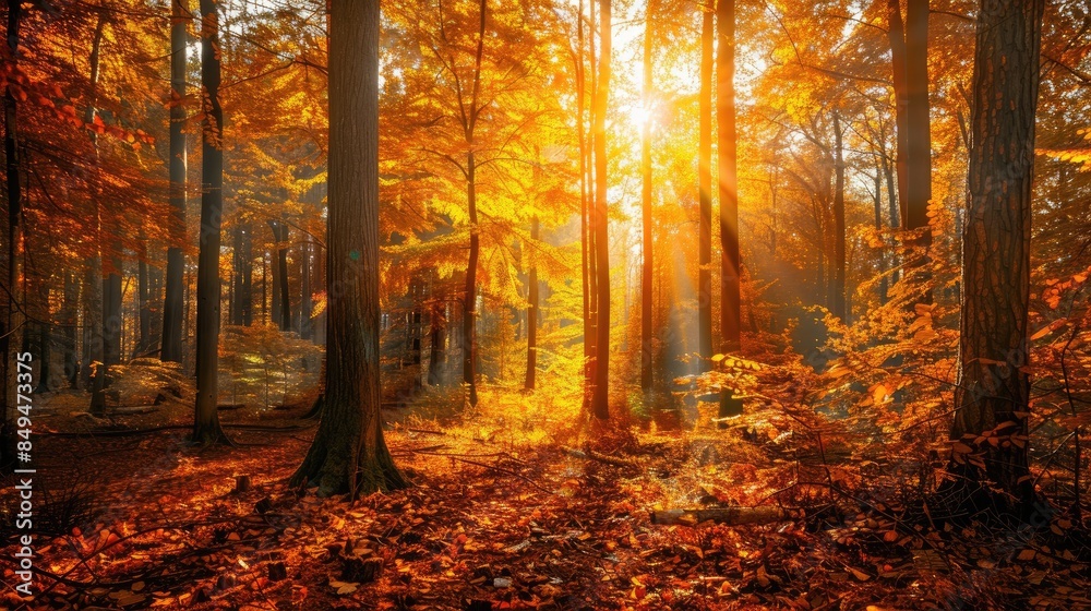 Tranquil forest filled with trees ablaze in the warm hues of autumn