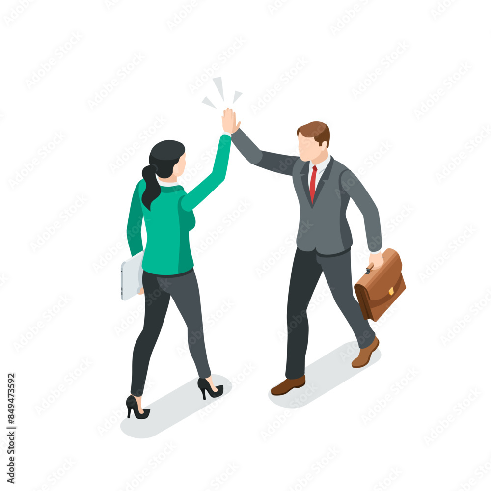 isometric vector business woman hitting the palm of a man with her palm, in color on a white background, friendly greeting or congratulation on success isometric vector business woman hitting the palm of a man with her palm, in color on a white background, friendly greeting or congratulation on success