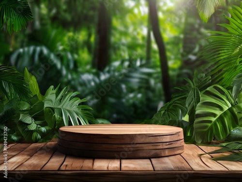 Natural Wooden Podium in Exotic Tropical Forest for Product Presentation photo